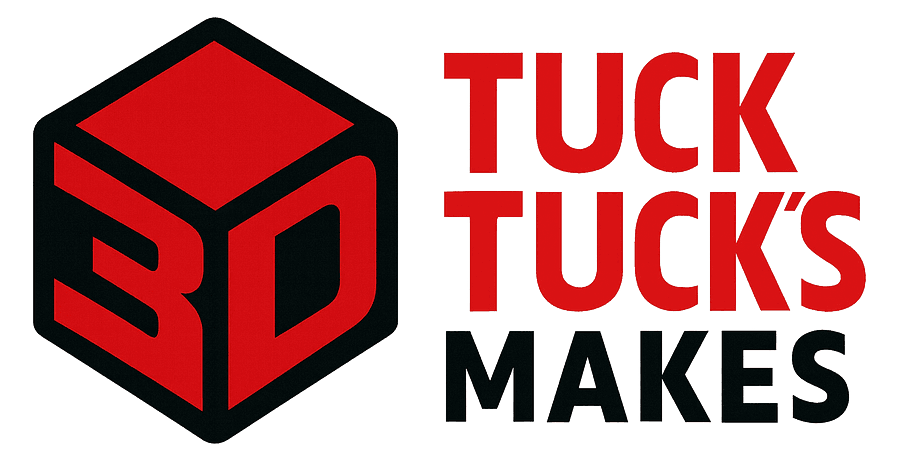 Tuck Tuck's Makes logo — a black and red 3D cube beside the Tuck Tuck's Makes wordmark